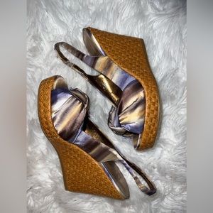 moda nika blue/gold silk platform wedge heel open toe bow sling back sandals
